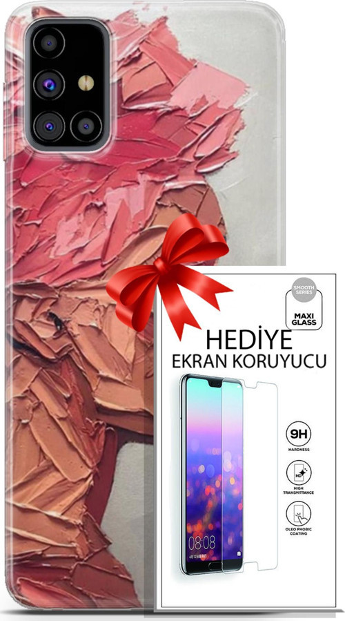 Samsung Galaxy M31S Kılıf Orijinal Seri Soul 08 Pembe Baskılı Kılıf + Ekran Koruyucu