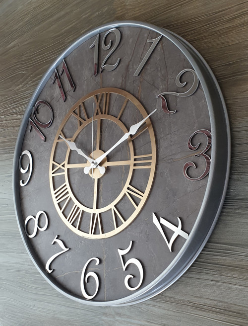 Metal Kasalı Mermer Desenli Aynalı Ve Altın (Gold) Renkli Duvar Saati Çap 50 Cm