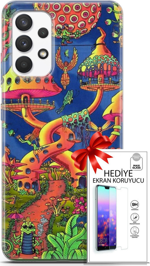 Samsung Galaxy A13 4G Kılıf Orijinal Seri Cardano 05 Mantar Evler Koruma Kılıfı + Ekran Koruyucu