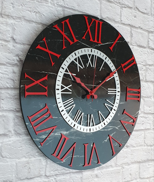 Mermer Desenli Kırmızı-Gri Renkli Duvar Saati Çap 50 Cm