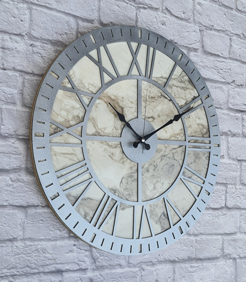 Mermer Desenli Metalik Gri Renkli Duvar Saati Çap 50 Cm