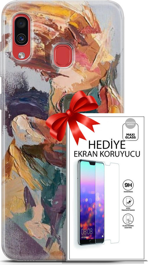 Samsung Galaxy A40 Kılıf Orijinal Seri Soul 04 Soyut Silikon Kılıf + Ekran Koruyucu Full Korumake