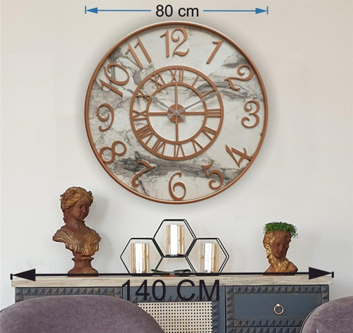 Bakır Renk Metal Kasalı Mermer Desenli Bakır Renkli Duvar Saati Çap 80 Cm
