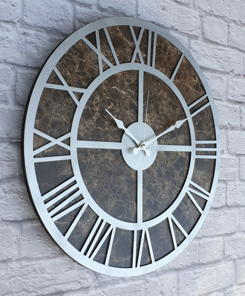 Mermer Desenli Metalik Gri Renkli Duvar Saati Çap 50 Cm