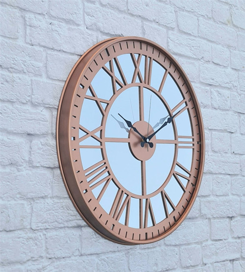 Bakır Renkli Metal Kasalı Aynalı Bakır Renkli Duvar Saati Çap 40 Cm