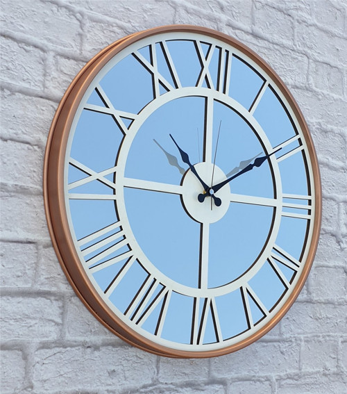 Bakır Renkli Metal Kasalı Aynalı Beyaz Renkli Renkli Duvar Saati Çap 40 Cm