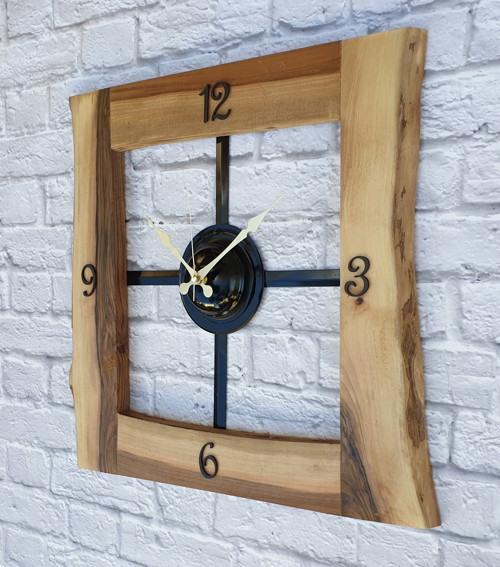 Doğal Ceviz Masif Ahşap,Metal Kare Duvar Saati 50X50Cm