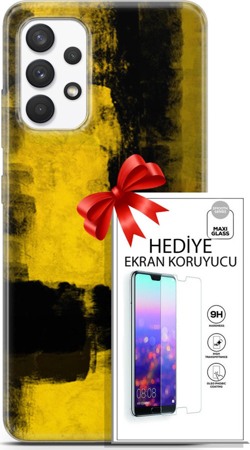 Samsung Galaxy A13 4G Kılıf Orijinal Seri Nature 08 Sarı Siyah Baskılı Kılıf + Ekran Koruyucu