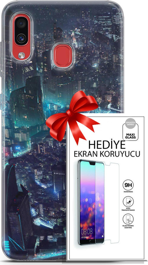 Samsung Galaxy A40 Kılıf Orijinal Seri Cyberpunk 17 Işıklı Şehir Yumuşak Kılıf + Ekran Koruyucu