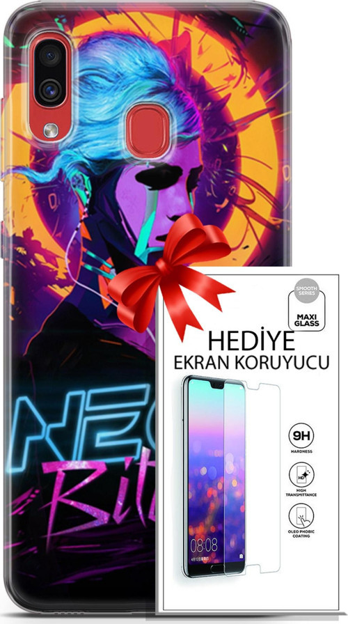 Samsung Galaxy A40 Kılıf Orijinal Seri Cyberpunk 25 Neon Soyulmayan Kılıf + Ekran Koruyucu Full Koruma