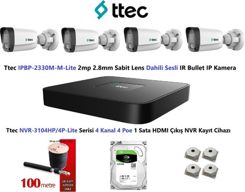 2mp Mikrofonlu 4 Kameralı 500GB Disk Tak Çalıştır Hazır IP Kamera Seti
