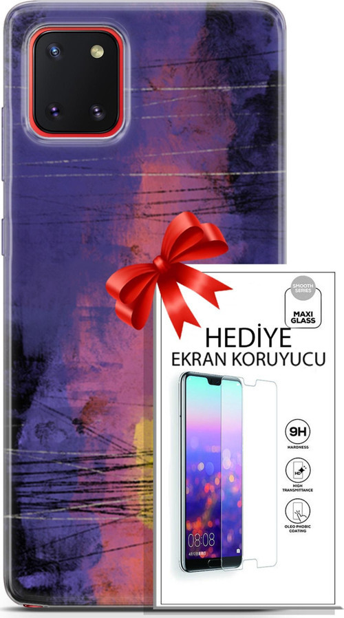 Samsung Galaxy A81 Kılıf Orijinal Seri Nature 04 Mor Kırmızı Silikon Kılıf + Ekran Koruyucu Full Koruma