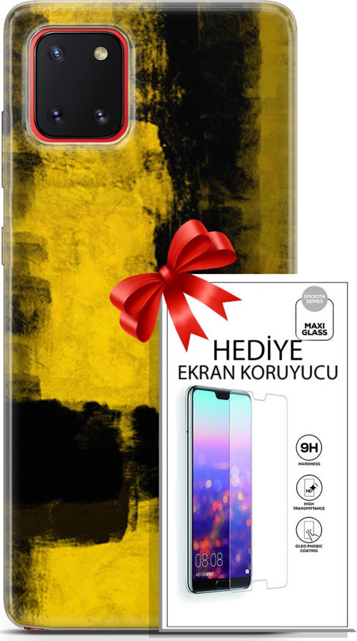 Samsung Galaxy A81 Kılıf Orijinal Seri Nature 08 Sarı Siyah Baskılı Kılıf + Ekran Koruyucu