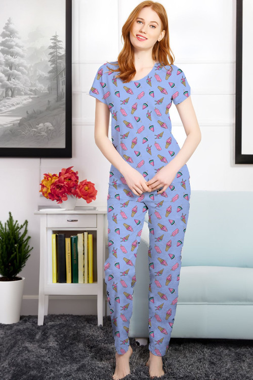 Açık Mavi Dondurma Desenli Baskılı Kısa Kollu Pijama Takımı