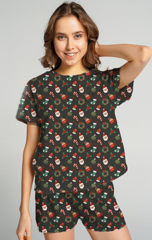 Yeşil Yılbaşı Temalı Şeker Baston Desenli Pijama Takımı T-Shirt Ve Şort Takım