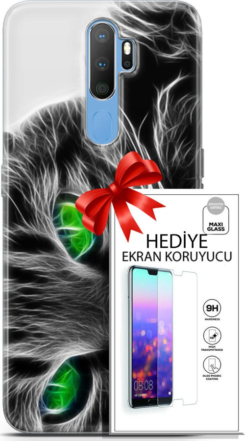 Oppo A9 2020 Kılıf Orijinal Seri Scotish-British 27 Yeşil Gözlü Kedi Lazer Kesim Silikon Ekran Koruyucu