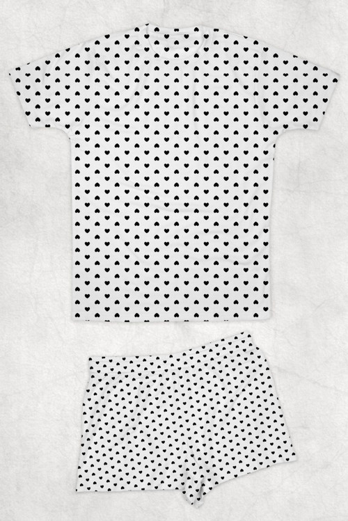 Siyah Kalp Desenli Baskılı Pijama Takımı T-Shirt Ve Şort Takım