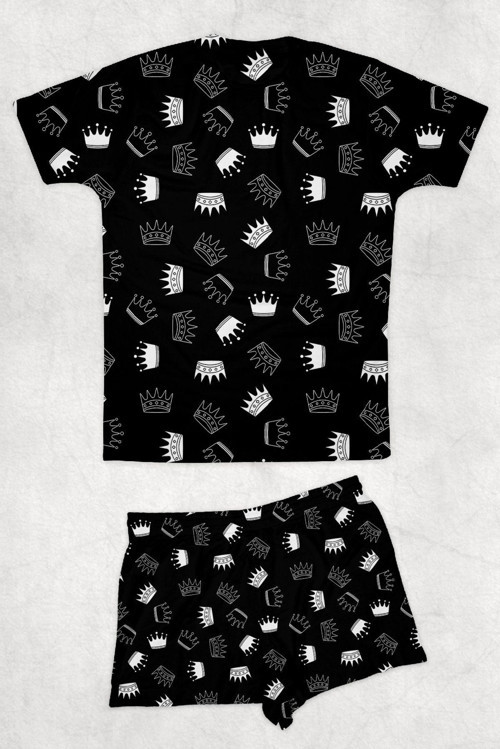 Siyah Kral Tacı Desenli Baskılı Pijama Takımı T-Shirt Ve Şort Takım