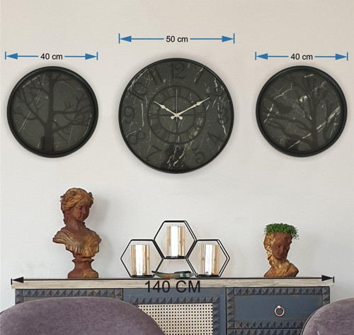 Siyah Metal Kasalı Mermer Desen Duvar Saati,Daldaki Kuş,Hayat Ağacıtablo40X40X50Cm