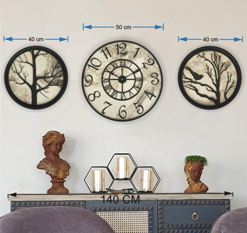 Siyah Renk Metal Kasalı Mermer Desen Duvar Saati,Daldaki Kuş,Hayat Ağacıtablo40X40X50Cm