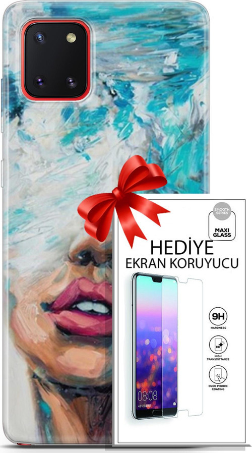 Samsung Galaxy A81 Kılıf Orijinal Seri Soul 12 Beyaz Mavi Tasarım Kılıf + Ekran Koruyucu
