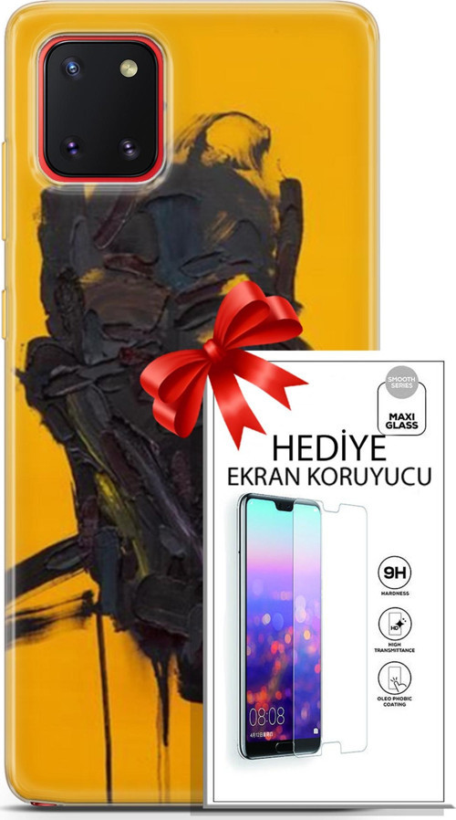 Samsung Galaxy A81 Kılıf Orijinal Seri Soul 07 Sarı Siyah Desenli Kılıf + Ön Ekran Koruyucu