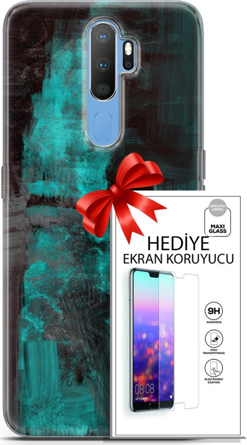 Oppo A9 2020 Kılıf Orijinal Seri Nature 11 Yeşil Siyah 4K Baskılı Kılıf + Ekran Koruyucu Full Koruma