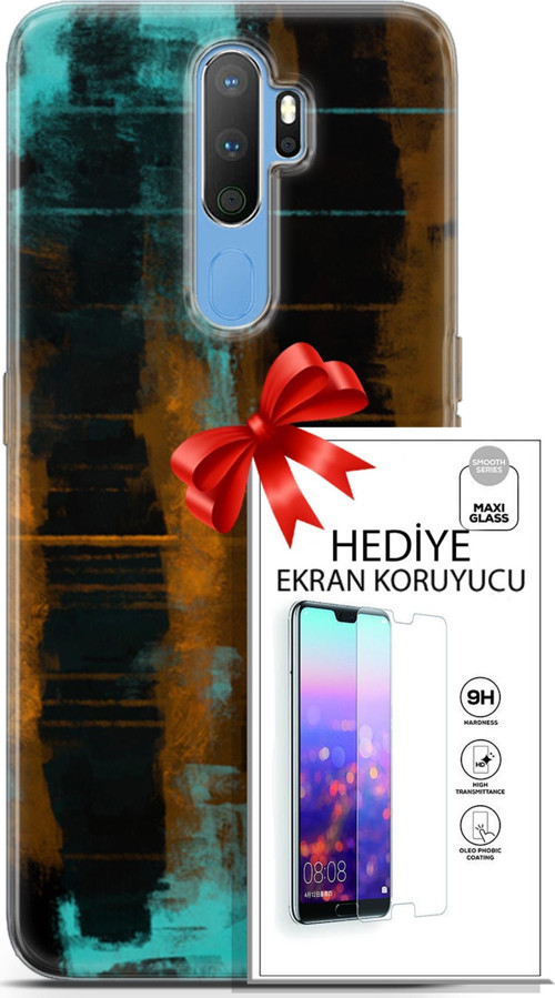 Oppo A9 2020 Kılıf Orijinal Seri Nature 05 Turkuaz Siyah Koruma Kılıfı + Ekran Koruyucu