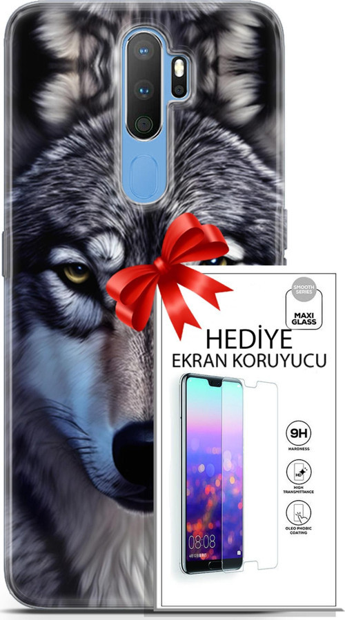 Oppo A9 2020 Kılıf Orijinal Seri Dogs 07 Kurt Yüz Desenli Kılıf + Ön Ekran Koruyucu