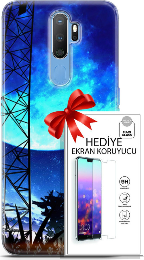 Oppo A9 2020 Kılıf Orijinal Seri Fantasy 24 Mavi Ay Darbe Emici Kılıf + Ekran Koruyucu
