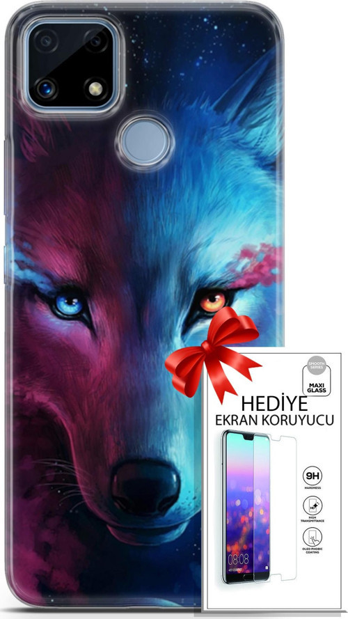 Realme C25 Kılıf Orijinal Seri Cardano 18 Mavi Turuncu Göz Parlak Kılıf + Ekran Koruyucu Full Koruma