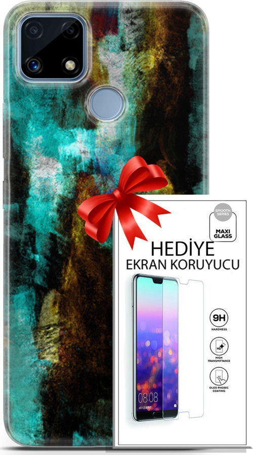 Realme C25 Kılıf Orijinal Seri Nature 12 Kahve Yeşil Tasarım Kılıf + Ekran Koruyucu