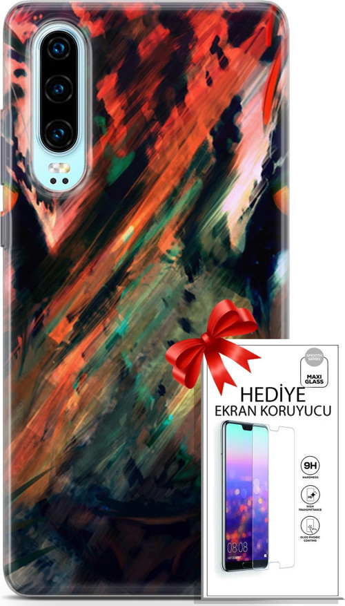 Huawei P30 Kılıf Orijinal Seri Algorand 20 Kırmızı Yeşil Renkli Kılıf Ekran Koruyucu