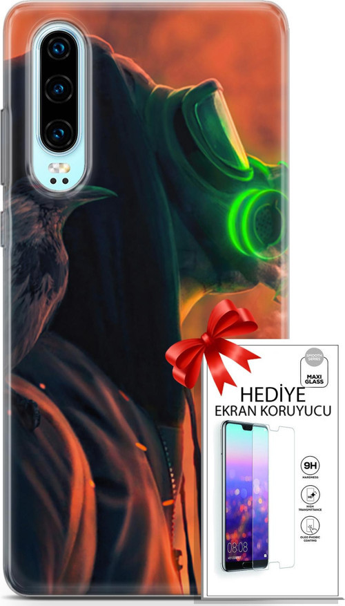 Huawei P30 Kılıf Orijinal Seri Algorand 01 Gaz Maskeli Telefon Kılıfı + Ekran Koruyucu