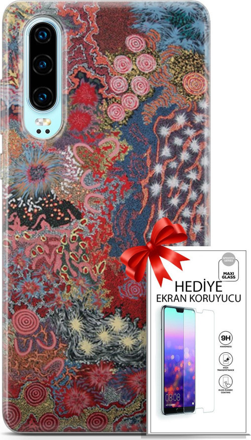 Huawei P30 Kılıf Orijinal Seri Cardano 07 Suluboya Desenli Kılıf + Ön Ekran Koruyucu