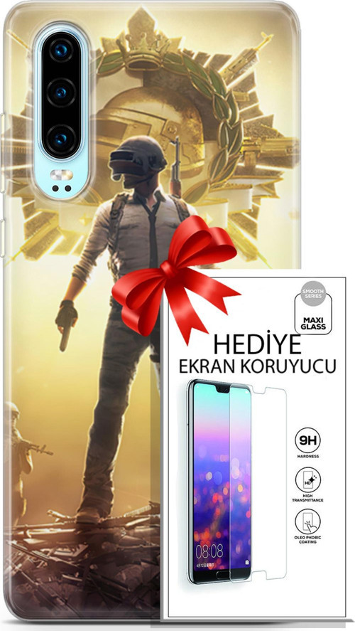 Huawei P30 Kılıf Orijinal Seri Pubg 08 Kasklı Baskılı Kılıf + Ekran Koruyucu