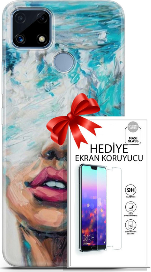 Realme C25 Kılıf Orijinal Seri Soul 12 Beyaz Mavi Tasarım Kılıf + Ekran Koruyucu