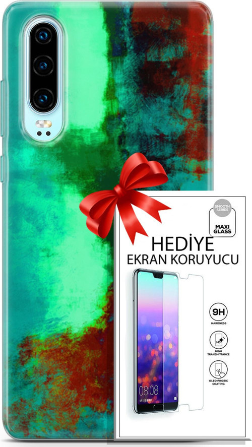 Huawei P30 Kılıf Orijinal Seri Nature 20 Yeşil Kahve Renkli Kılıf Ekran Koruyucu