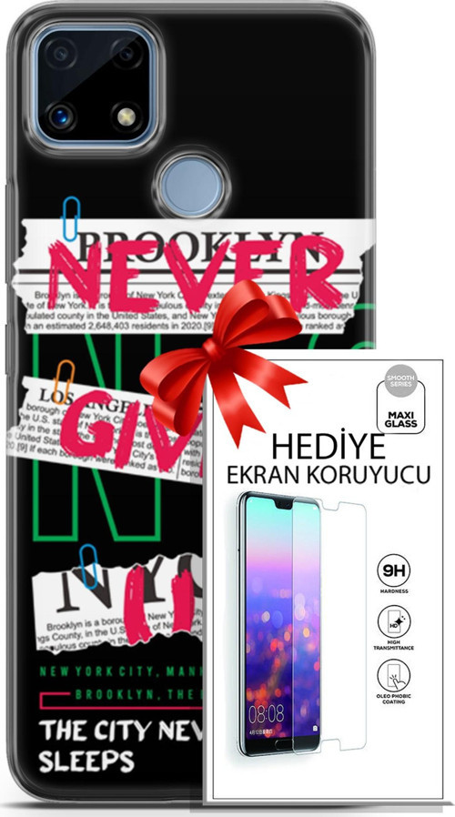 Realme C25 Kılıf Orijinal Seri Punky 21 Never Give Up Darbe Önleyici Kapak + Ön Ekran Koruyucu