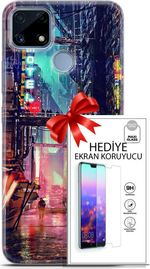 Realme C25 Kılıf Orijinal Seri Cyberpunk 14 Motel Cover Kılıf + Ön Ekran Koruyucu