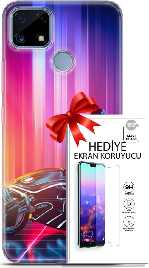 Realme C25 Kılıf Orijinal Seri Cyberpunk 08 Punk Motorsiklet Baskılı Kılıf + Ekran Koruyucu