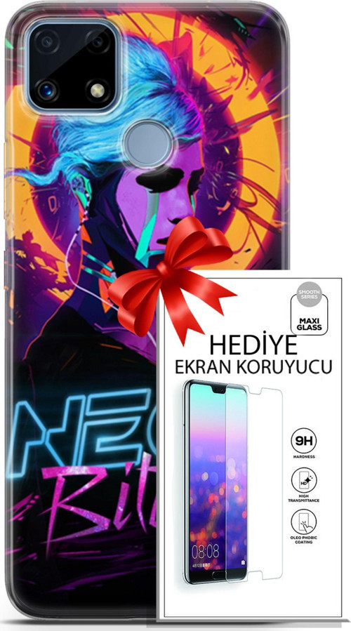 Realme C25 Kılıf Orijinal Seri Cyberpunk 25 Neon Soyulmayan Kılıf + Ekran Koruyucu Full Korumaket