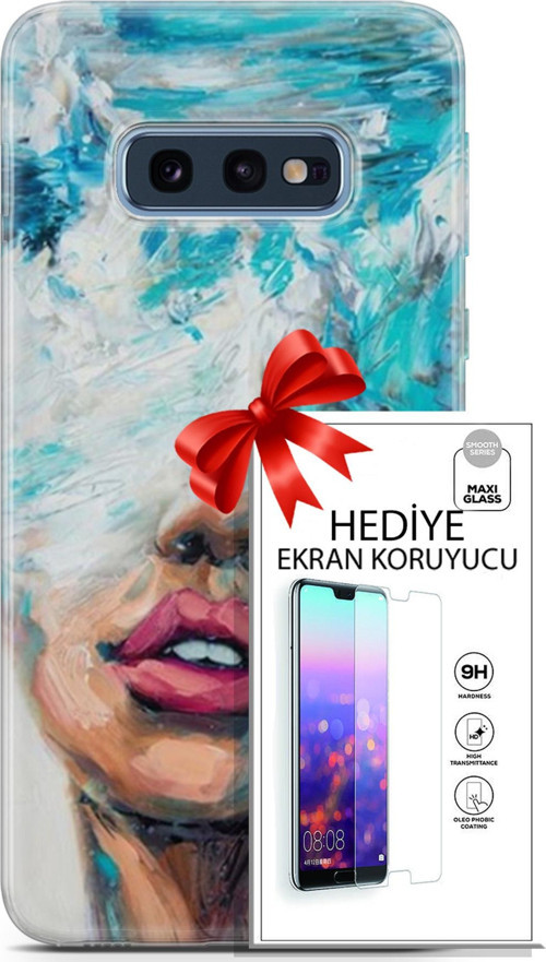 Samsung Galaxy S10E Kılıf Orijinal Seri Soul 12 Beyaz Mavi Tasarım Kılıf + Ekran Koruyucu