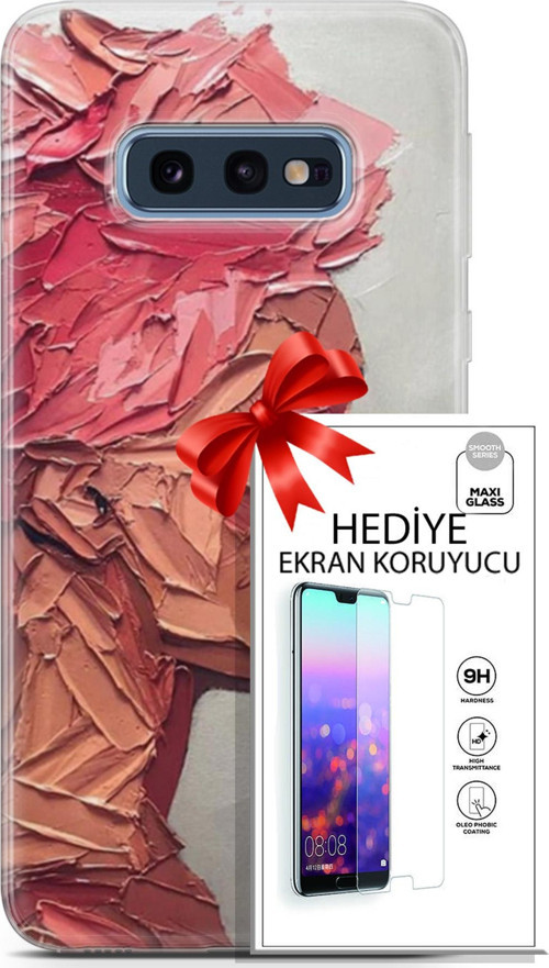 Samsung Galaxy S10E Kılıf Orijinal Seri Soul 08 Pembe Baskılı Kılıf + Ekran Koruyucu
