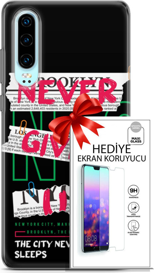 Huawei P30 Kılıf Orijinal Seri Punky 21 Never Give Up Darbe Önleyici Kapak + Ön Ekran Koruyucu