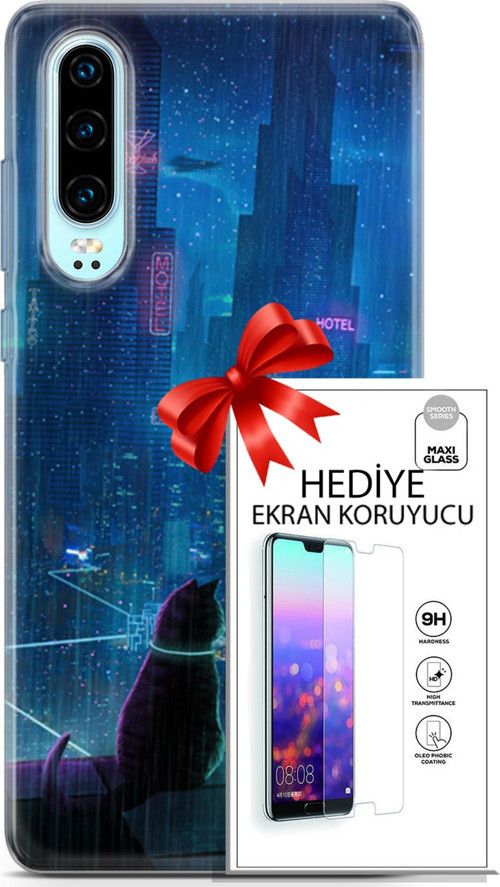 Huawei P30 Kılıf Orijinal Seri Cyberpunk 16 Cyber Cat Hediyelik Kılıf Ve Ekran Koruyucu