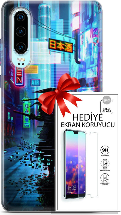 Huawei P30 Kılıf Orijinal Seri Cyberpunk 29 Open Leke Tutmaz Kapak + Ekran Koruyucu