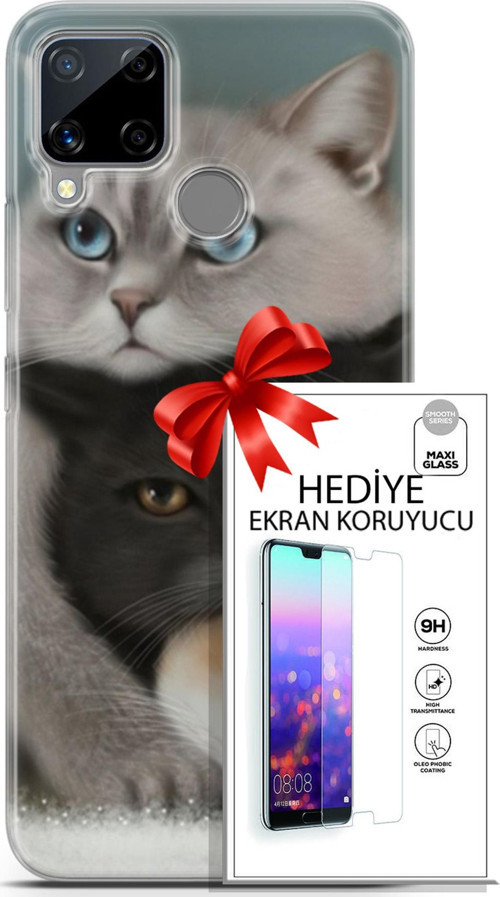 Realme C15 Kılıf Orijinal Seri Scotish-British 13 Beyaz Gri Kahve Kediler Case Kapak Ekran Koruyucu