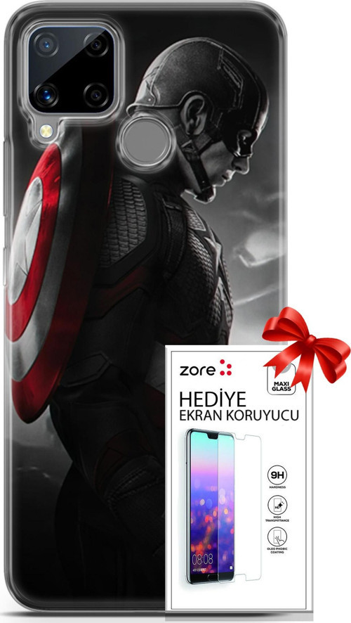 Realme C15 Kılıf Orijinal Seri Supers 18 Captain America Parlak Kılıf + Ekran Koruyucu Full Koruma
