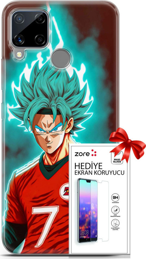 Realme C15 Kılıf Orijinal Seri Supers 04 Goku Mavi Ejderha Silikon Kılıf + Ekran Koruyucu Full Koruma